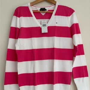 Tommy Hilfiger Pink and White Light Weight Pima Cotton V-Neck Sweater